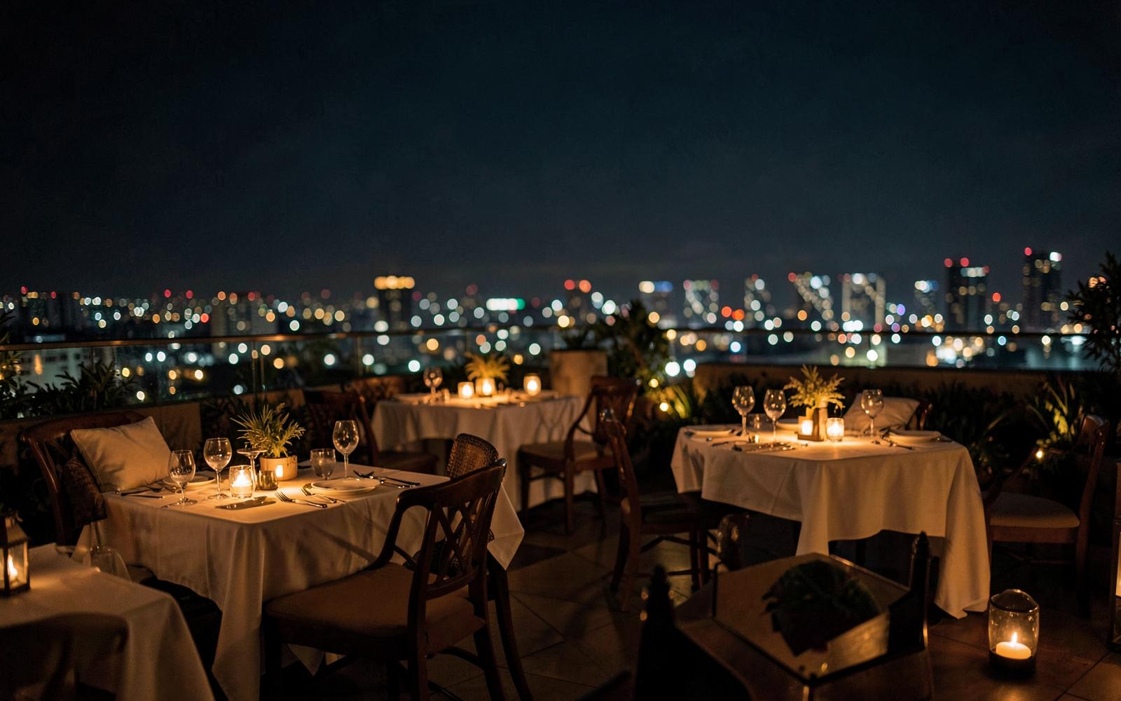 Rooftop dining terrace at Your Business Name at night